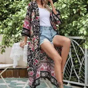 Long Boho Kimono Floral Black and Pink