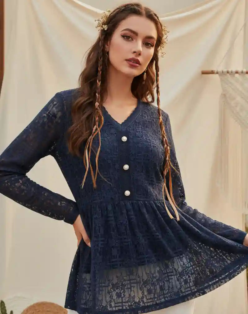 Navy Blue Boho Lace Blouse for Women - Image 2